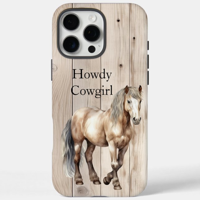 Funda iPhone 16 Pro Max Vaqueira Occidental Caballo Madera Falsa (Reverso)