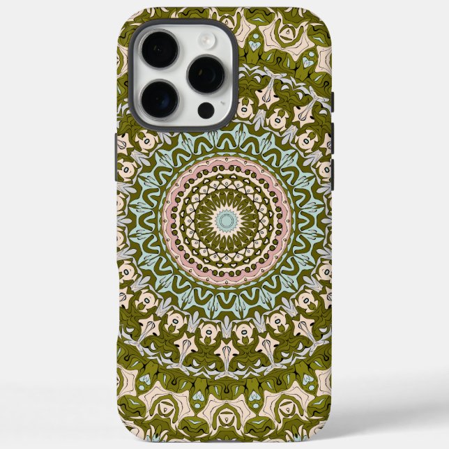 Funda iPhone 16 Pro Max Verde Oliva y Patrón de Mandala Pastel (Reverso)