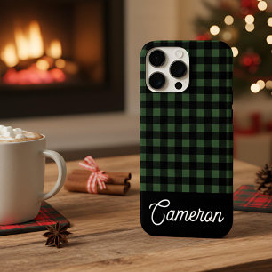Funda iPhone 16 Pro Max Verde y negro Buffalo Plaid Nombre personalizado