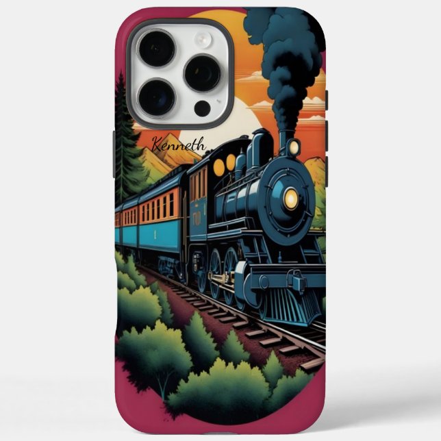Funda iPhone 16 Pro Max Viaje al atardecer del motor de vapor (Reverso)