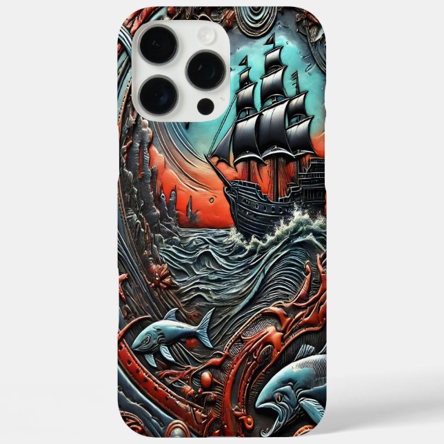 Funda iPhone 16 Pro Max Vibrante travesía oceánica con vida de barco y mar (Reverso )