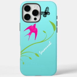 Funda iPhone 16 Pro Max Vintage Pink Swallow Bird Butfly Blue Ombre
