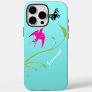 Funda iPhone 16 Pro Max Vintage Pink Swallow Bird Butfly Blue Ombre
