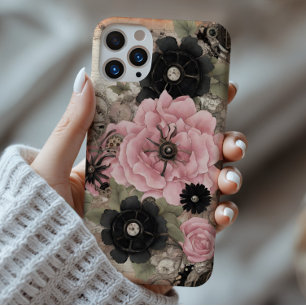 Funda iPhone 16 Pro Max Vintage Steampunk Boho Pink & Black Floral