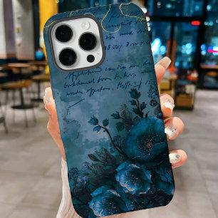 Funda iPhone 16 Pro Max Vintage Verde azulada Flora de Terciopelo con Eleg