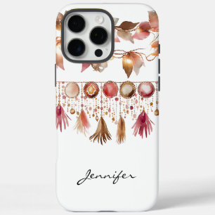 Funda iPhone 16 Pro Max Watercolor Hoja de Boho Feather iPhone indio