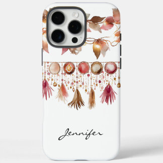 Funda iPhone 16 Pro Max Watercolor Hoja de Boho Feather iPhone indio