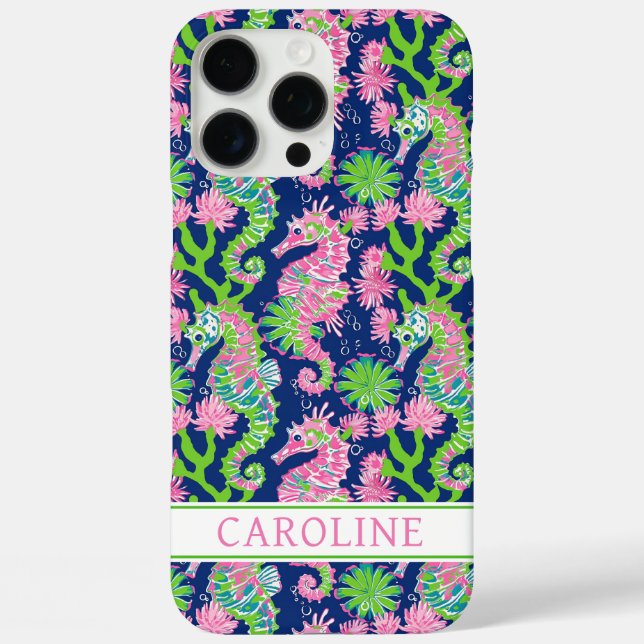 Funda iPhone 16 Pro Max Watercolor Seahorses Monogrammed (Reverso )