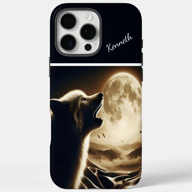 Funda iPhone 16 Pro Max Wolf Howling en plena Luna (Reverso)