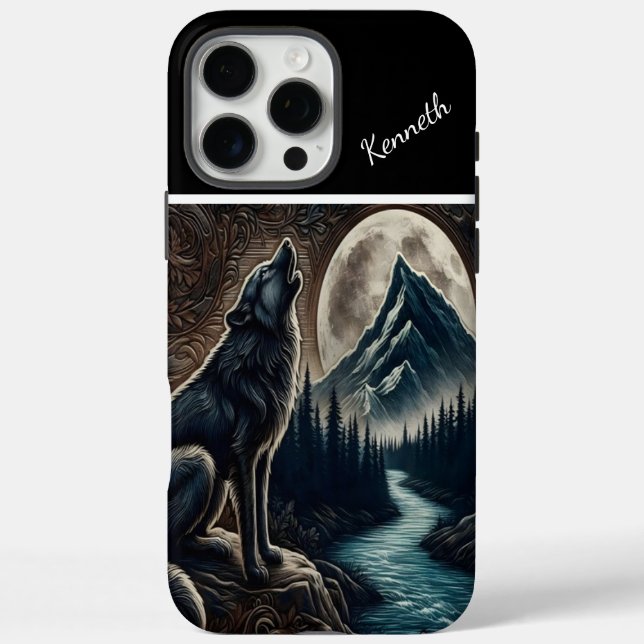 Funda iPhone 16 Pro Max Wolf Howling Under Moonlight (Reverso)