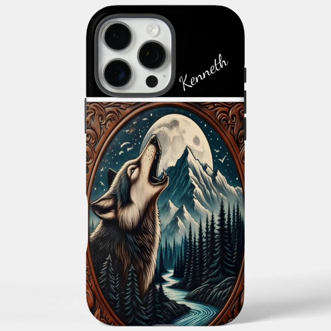 Funda iPhone 16 Pro Max Wolf Howling Under Moonlight (Reverso)