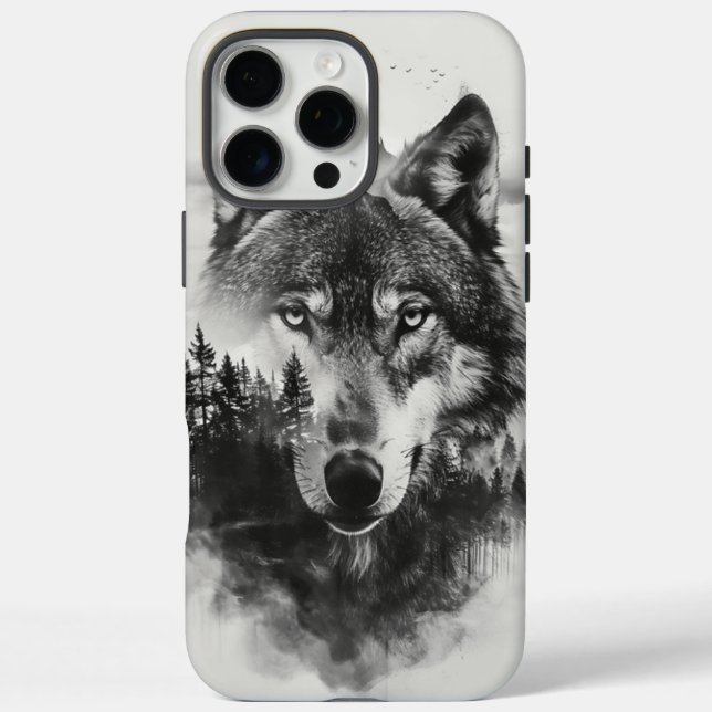 Funda iPhone 16 Pro Max Wolf mira a través del bosque polvoriento (Reverso)
