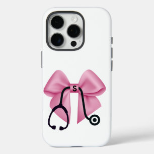 Funda iPhone 16 Pro Medicina personalizada de Bow y Stethoscope rosa