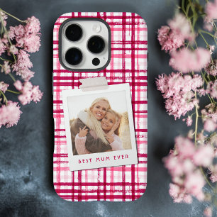 Funda iPhone 16 Pro Mejor Mamá del Mundo Foto Patrón Rojo Rosa Moderno