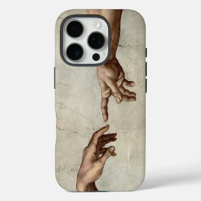 Funda iPhone 16 Pro Michaelangelo manos creación adam dios (Reverso )