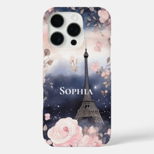 Funda iPhone 16 Pro Moda Azul Rosa Floral París Torre Eiffel