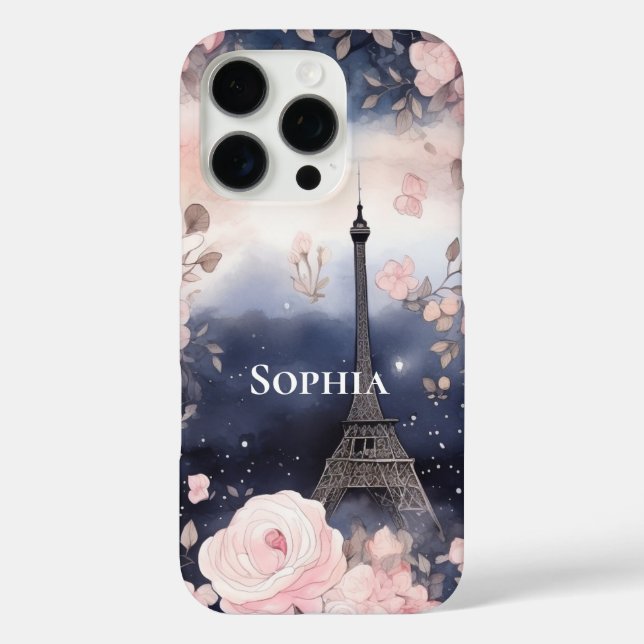 Funda iPhone 16 Pro Moda Azul Rosa Floral París Torre Eiffel (Reverso )