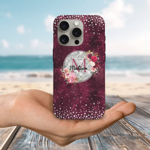 Funda iPhone 16 Pro Moda falsa Purpurina plateado Burgundy Floral mono