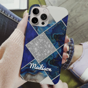 Funda iPhone 16 Pro Moda girly faux Purpurina plata azul geométrico