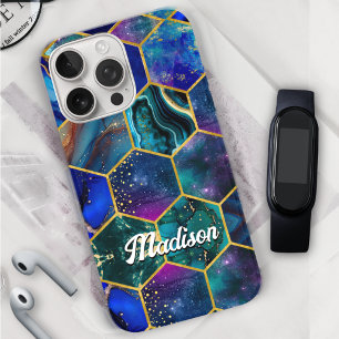 Funda iPhone 16 Pro Moda girly faux Purpurina Turquoise azul geométric