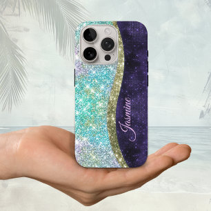 Funda iPhone 16 Pro Moda monograma purpurina iridiscente azul morado