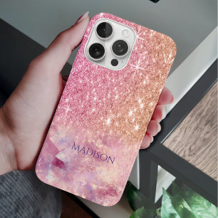 Funda iPhone 16 Pro Moda rosa oscuro purpurina rosa rubor monograma