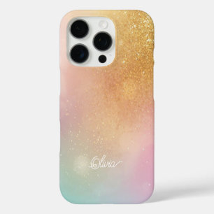 Funda iPhone 16 Pro Modern Glitter Holographic Gold with Name