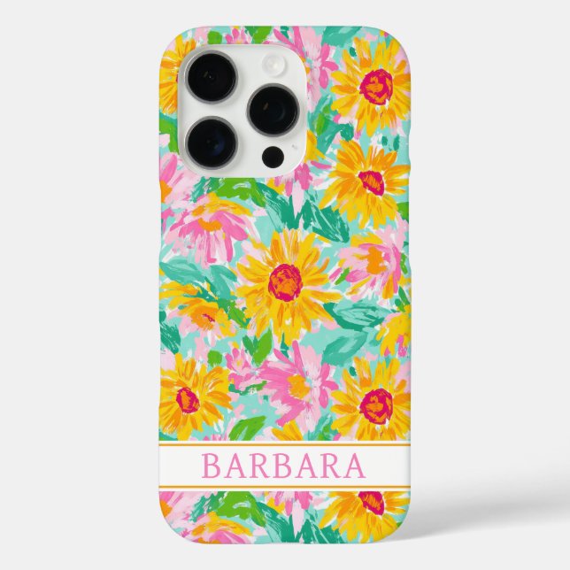 Funda iPhone 16 Pro Modern Sunflower Painting Monogrammed (Reverso )