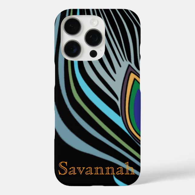 Funda iPhone 16 Pro Moderna pluma de pavo real negro turquesa tu nombr (Reverso )