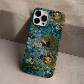 Funda iPhone 16 Pro Moderno Camo Azul Verde Ejército Nombre personaliz