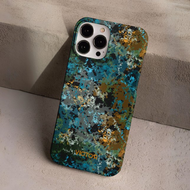Funda iPhone 16 Pro Moderno Camo Azul Verde Ejército Nombre personaliz (Subido por el creador)