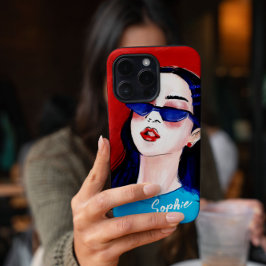 Funda iPhone 16 Pro Moderno Personalizado Chica de la Ciudad Azul Rojo