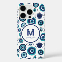 Funda iPhone 16 Pro Monograma blanco azul del ojo del mal griego moder