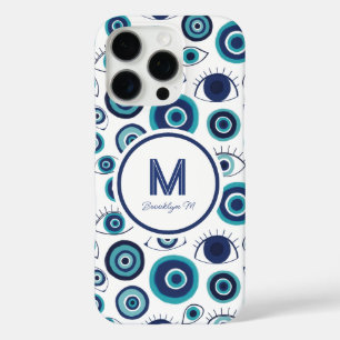 Funda iPhone 16 Pro Monograma blanco azul del ojo del mal griego moder
