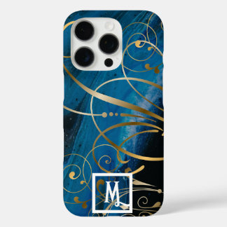 Funda iPhone 16 Pro Monograma Blue Black Paint Gold Swirls Florece