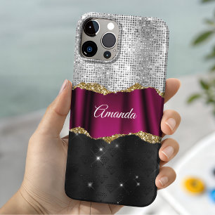 Funda iPhone 16 Pro Monograma chic falsa plata brillo rosa negro