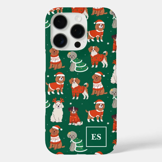 Funda iPhone 16 Pro Monograma Chica personalizado de perros Navidades  (Reverso )