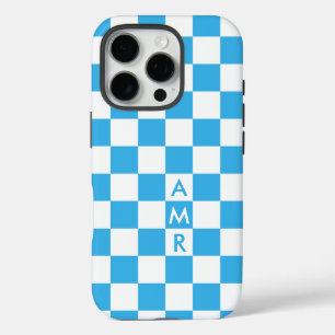 Funda iPhone 16 Pro Monograma cielo azul Patrón de verificación blanco