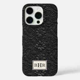 Funda iPhone 16 Pro Monograma de cuero negro vintage trabajado