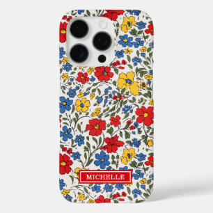 Funda iPhone 16 Pro Monograma de flores ditsy azules, rojas y amarilla