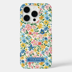 Funda iPhone 16 Pro Monograma de flores ditsy azules y amarillas
