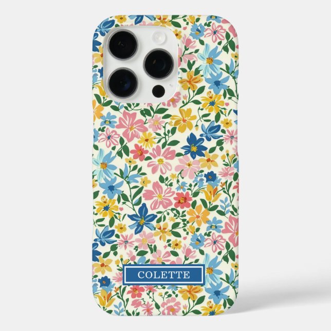 Funda iPhone 16 Pro Monograma de flores ditsy azules y amarillas (Reverso )