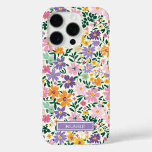 Funda iPhone 16 Pro Monograma de flores ditsy púrpura