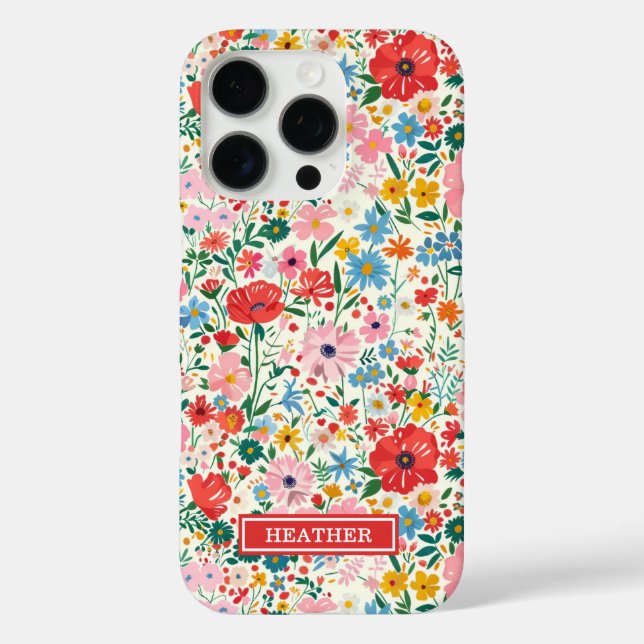 Funda iPhone 16 Pro Monograma de flores ditsy rojas y rosadas (Reverso )
