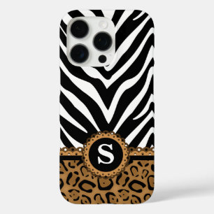 Funda iPhone 16 Pro Monograma de impresión de cebra y leopardo