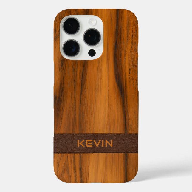 Funda iPhone 16 Pro Monograma De Madera De Mahogany Y Textura De Cuero (Reverso )