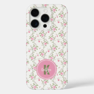 Funda iPhone 16 Pro Monograma de Patrón de Flores de Rosas Rosadas Ele