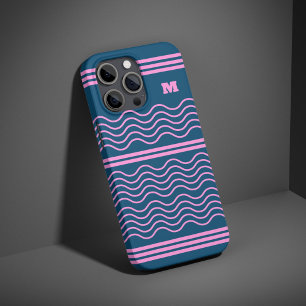 Funda iPhone 16 Pro Monograma de patrón de franjas onduladas azul y ro