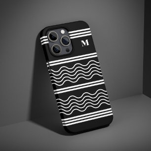 Funda iPhone 16 Pro Monograma de patrón de franjas onduladas en blanco
