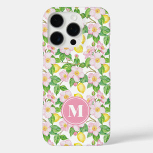 Funda iPhone 16 Pro Monograma de Patrón de Limón Floral Rosa